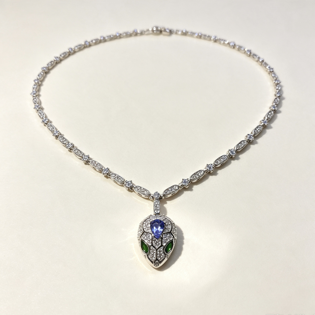 Luxury Snake‑Head Pendant Necklace, Blue & Green Gemstone Evening Jewelry