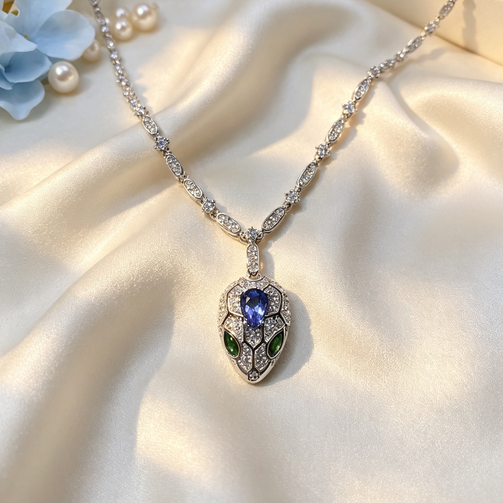 Luxury Snake‑Head Pendant Necklace, Blue & Green Gemstone Evening Jewelry