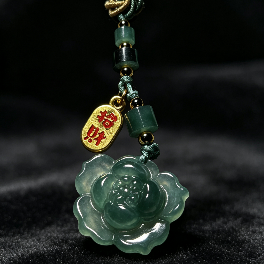 Natural Green Jade Hand‑Carved Flower Tassel Charm, Traditional Chinese Fortune Tag Jade Phone / Bag Pendant