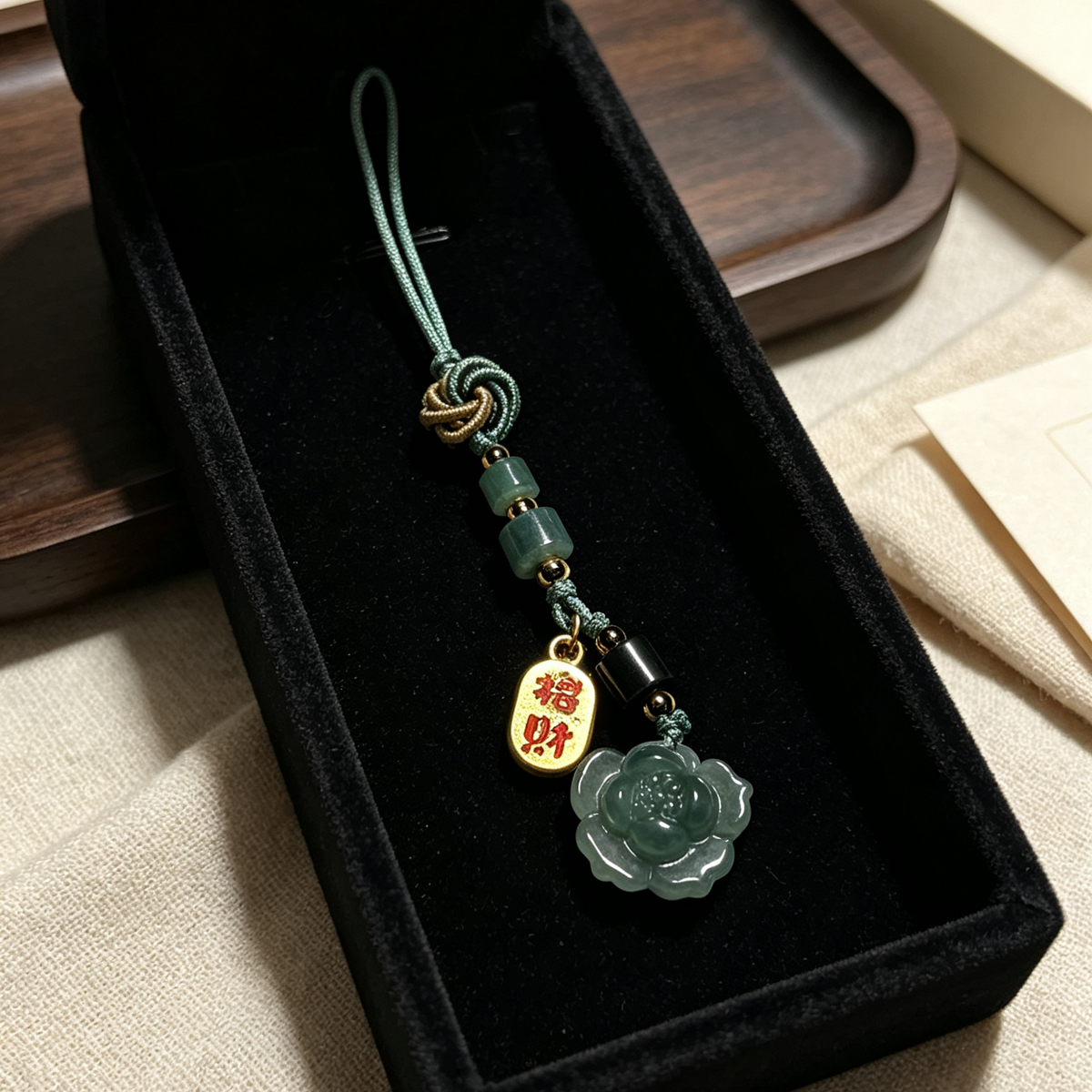 Natural Green Jade Hand‑Carved Flower Tassel Charm, Traditional Chinese Fortune Tag Jade Phone / Bag Pendant