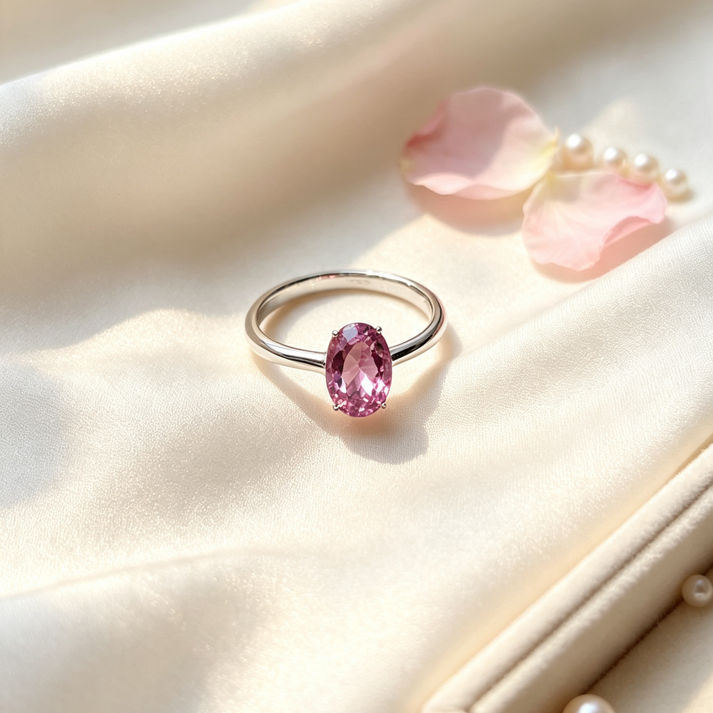 Minimalist Oval Pink Gemstone Solitaire Ring, Dainty Daily Jewelry