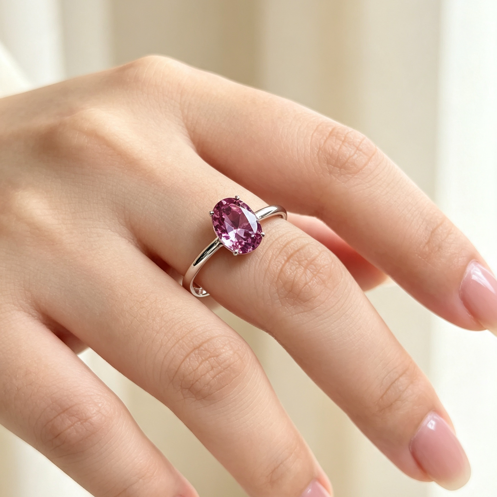 Minimalist Oval Pink Gemstone Solitaire Ring, Dainty Daily Jewelry