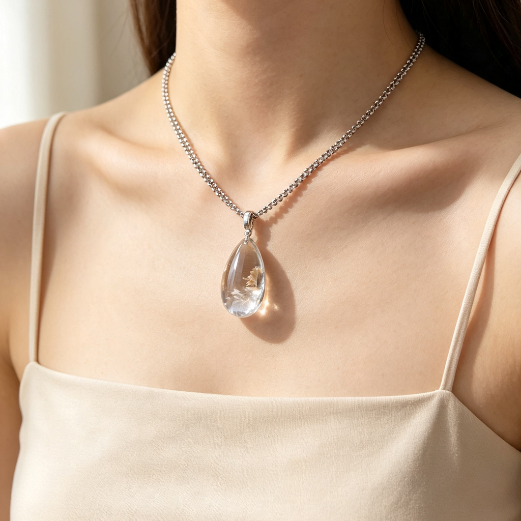 Natural White Phantom Quartz Teardrop Pendant Necklace