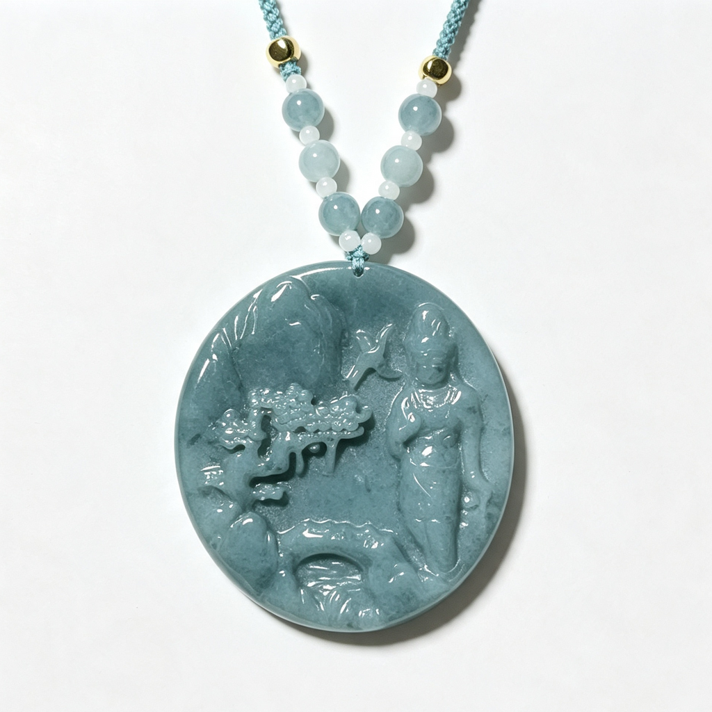 Natural Blue Water Jade Carved Round Pendant Necklace