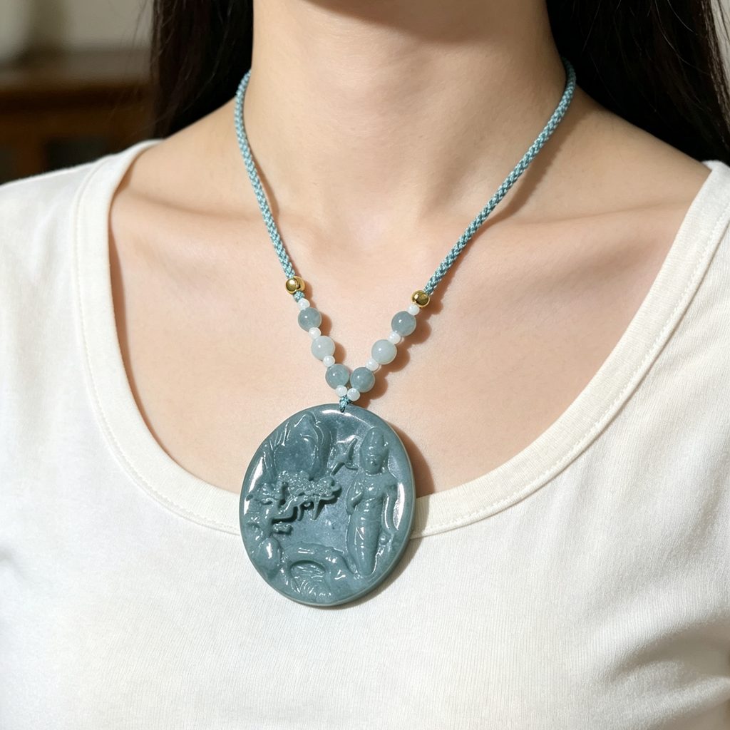 Natural Blue Water Jade Carved Round Pendant Necklace