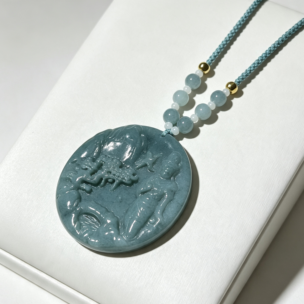 Natural Blue Water Jade Carved Round Pendant Necklace