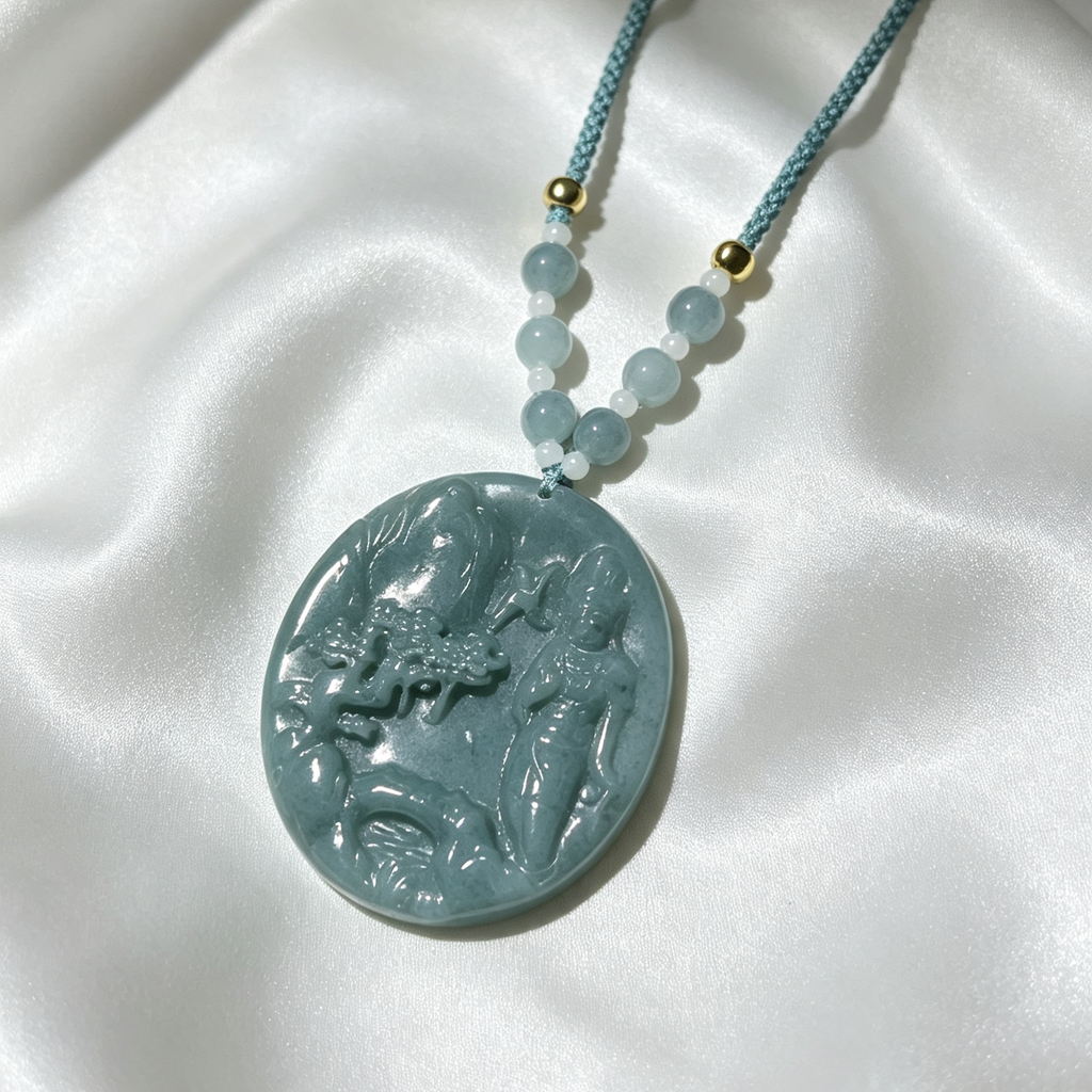 Natural Blue Water Jade Carved Round Pendant Necklace