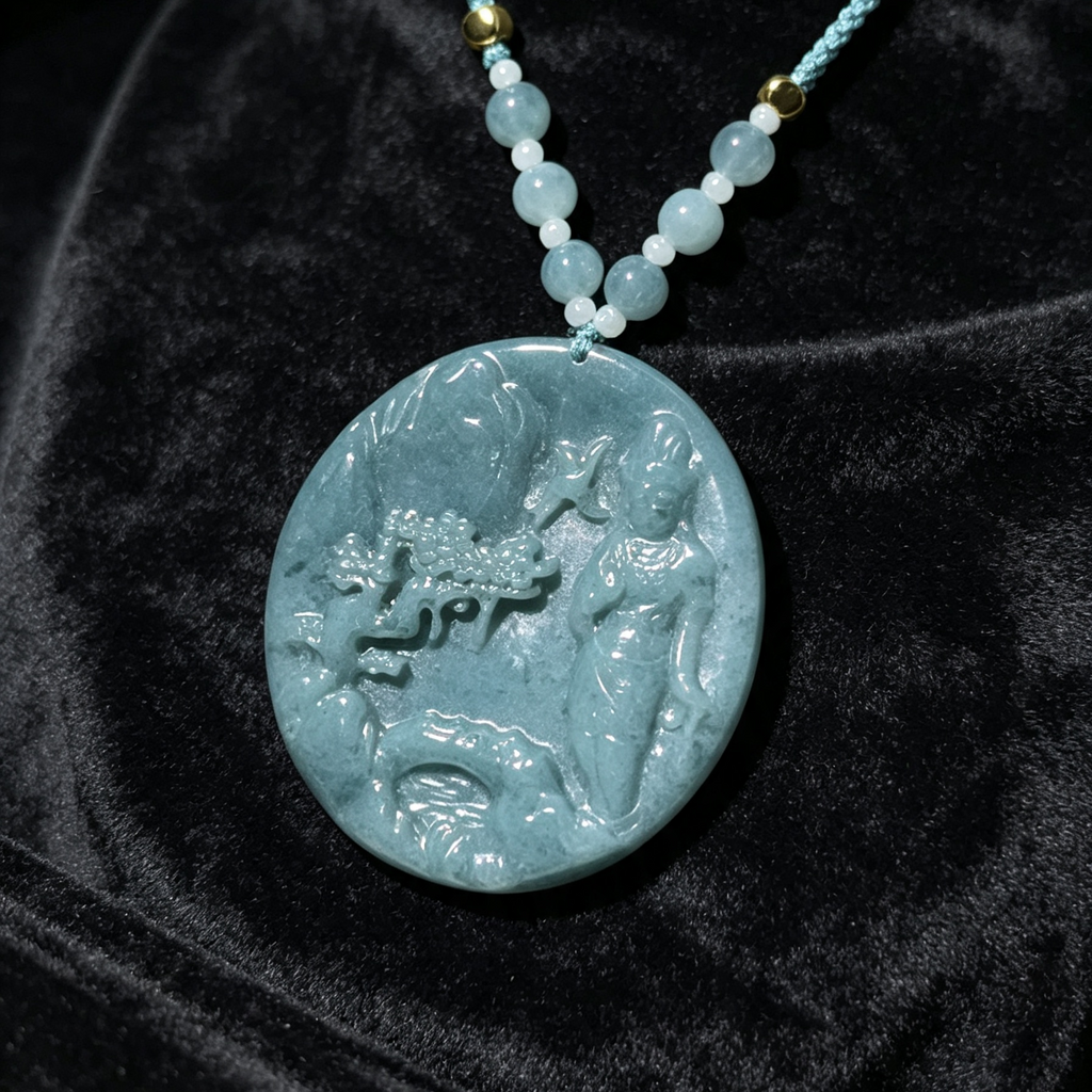 Natural Blue Water Jade Carved Round Pendant Necklace