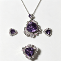 Natural Amethyst 3‑Piece Jewelry Set, Triangle‑Cut Amethyst Pendant, Ring & Stud Earrings, Royal Purple Statement Healing Crystal Jewelry Set