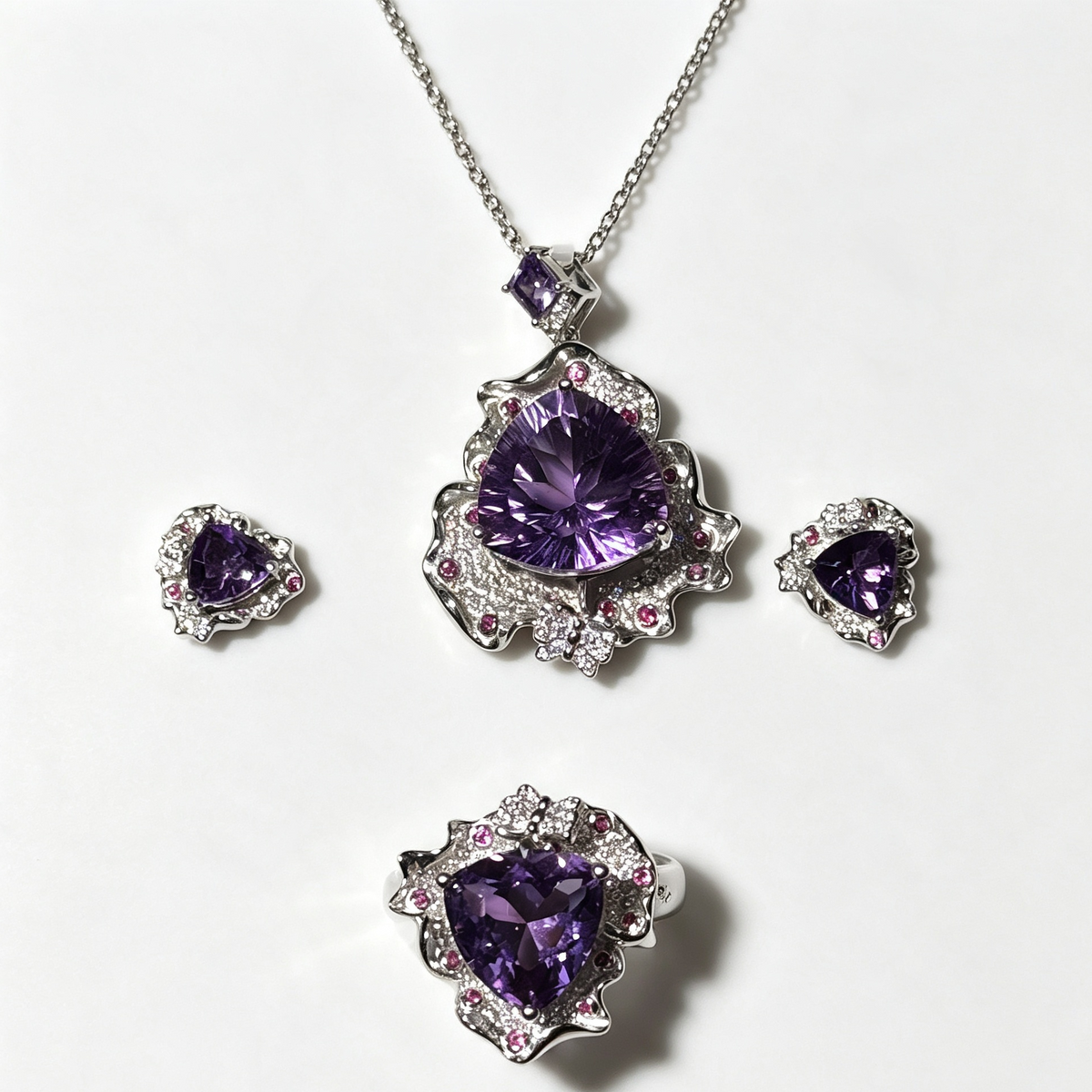 Natural Amethyst 3‑Piece Jewelry Set, Triangle‑Cut Amethyst Pendant, Ring & Stud Earrings, Royal Purple Statement Healing Crystal Jewelry Set