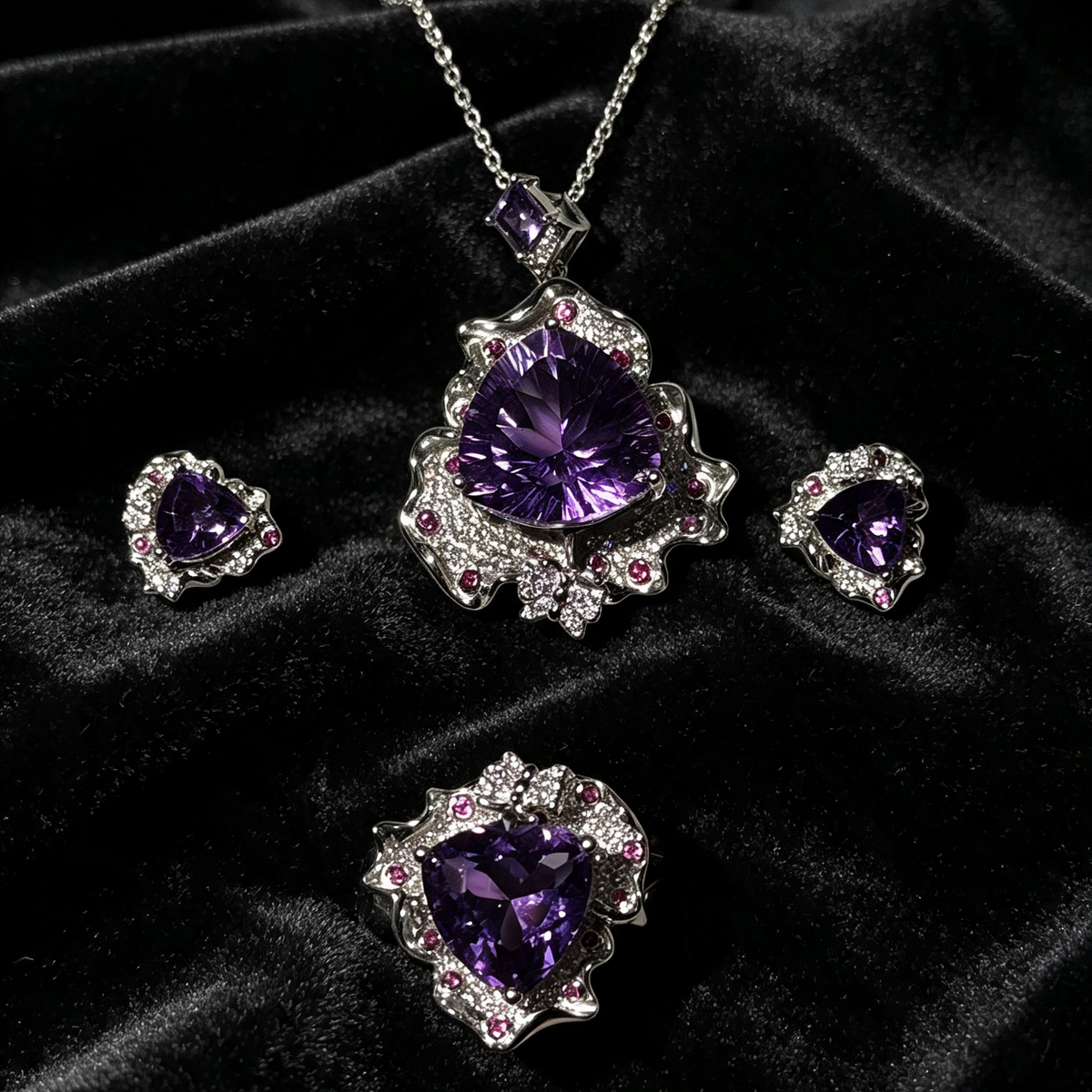 Natural Amethyst 3‑Piece Jewelry Set, Triangle‑Cut Amethyst Pendant, Ring & Stud Earrings, Royal Purple Statement Healing Crystal Jewelry Set