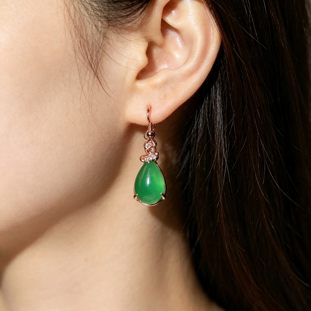 Green Chalcedony Teardrop Dangle Earrings Rose Gold Tone