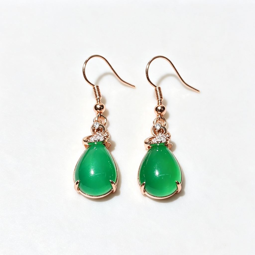 Green Chalcedony Teardrop Dangle Earrings Rose Gold Tone