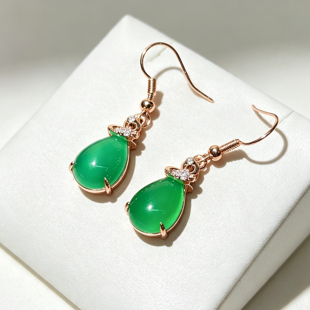 Green Chalcedony Teardrop Dangle Earrings Rose Gold Tone