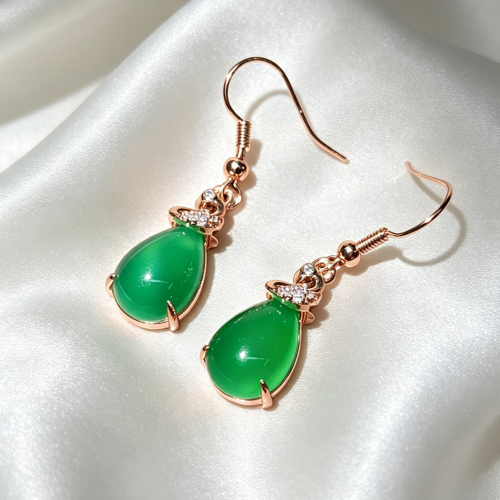 Green Chalcedony Teardrop Dangle Earrings Rose Gold Tone