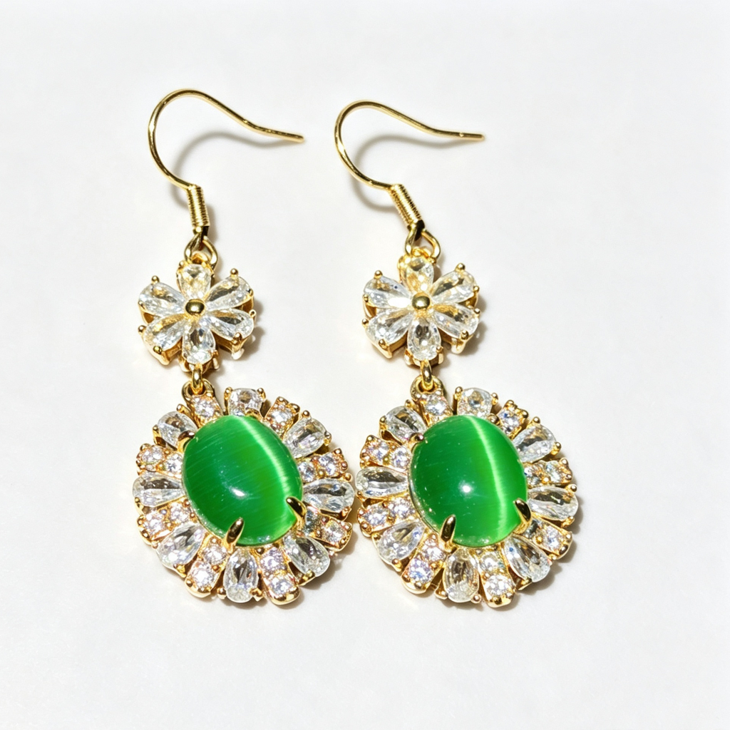 Vintage Natural Green Chalcedony Dangle Earrings Gold Tone Crystal Pave Setting