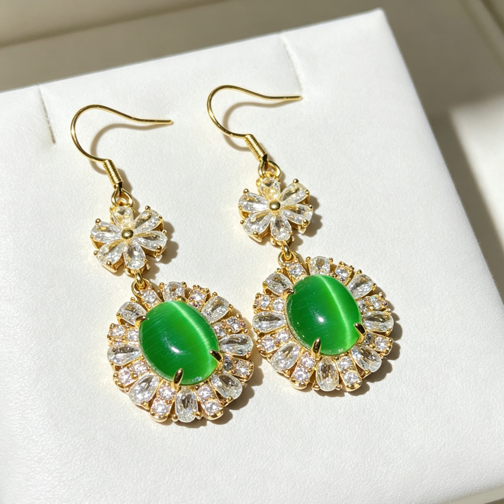 Vintage Natural Green Chalcedony Dangle Earrings Gold Tone Crystal Pave Setting