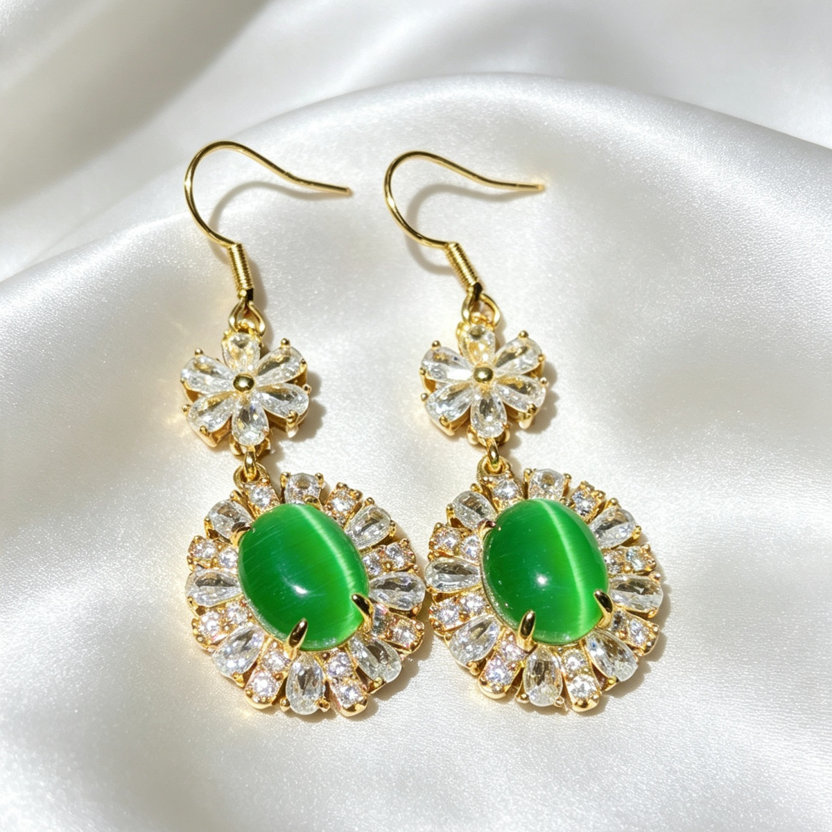 Vintage Natural Green Chalcedony Dangle Earrings Gold Tone Crystal Pave Setting