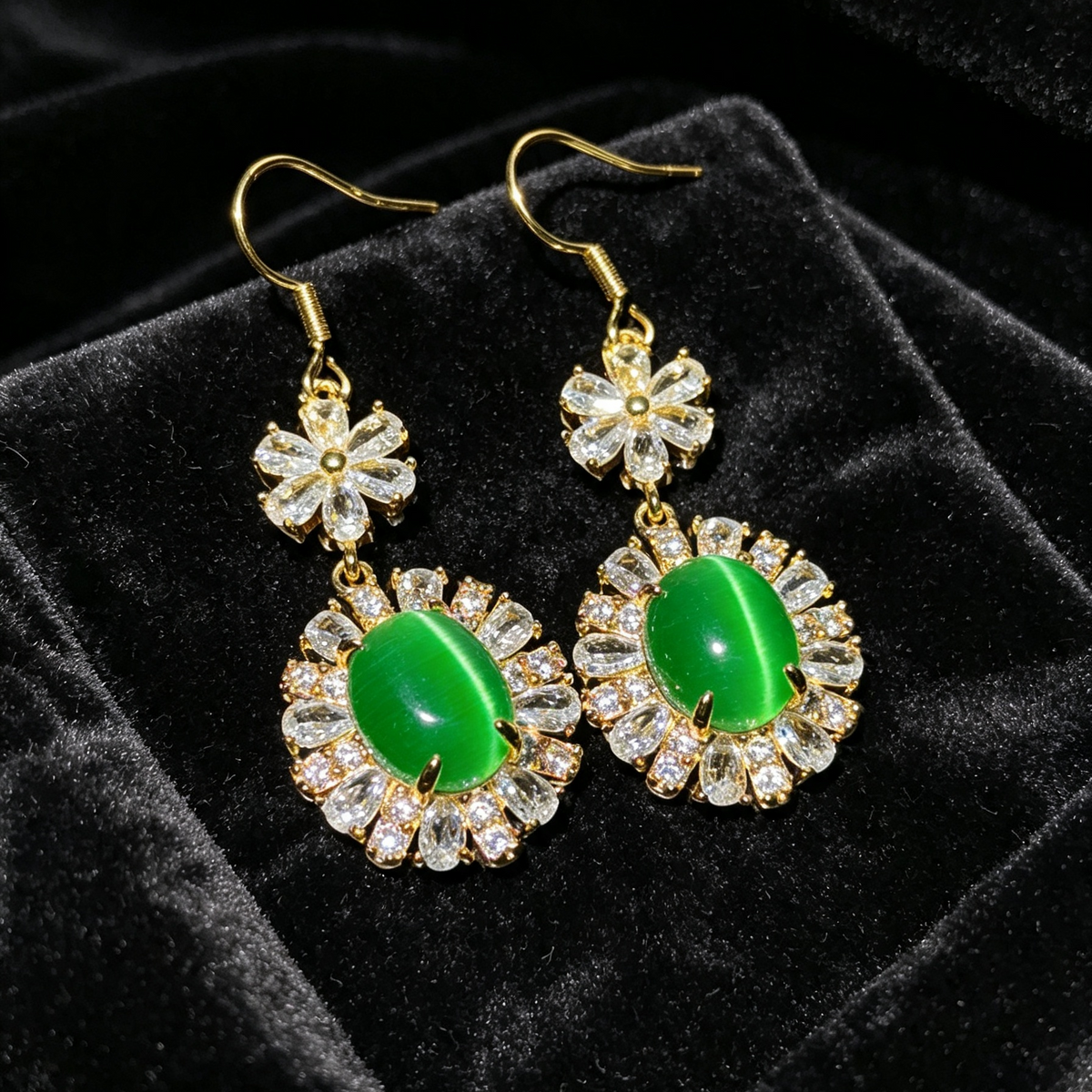 Vintage Natural Green Chalcedony Dangle Earrings Gold Tone Crystal Pave Setting