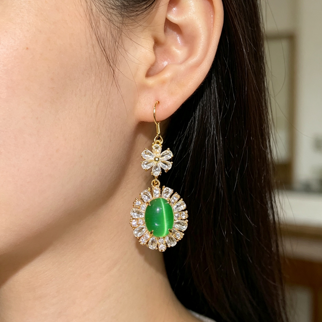 Vintage Natural Green Chalcedony Dangle Earrings Gold Tone Crystal Pave Setting