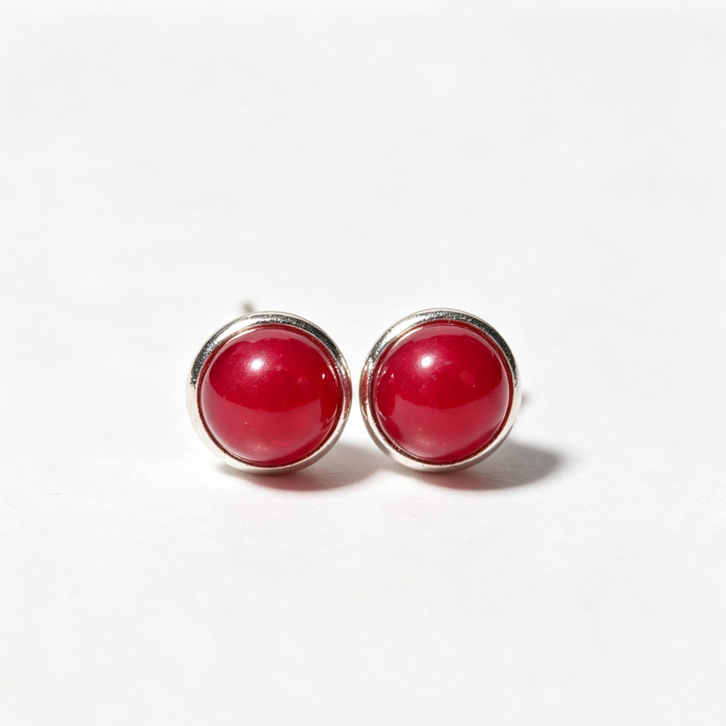 Natural Red Agate Round Stud Earrings, Glossy Red Gemstone Simple Minimalist Daily Jewelry