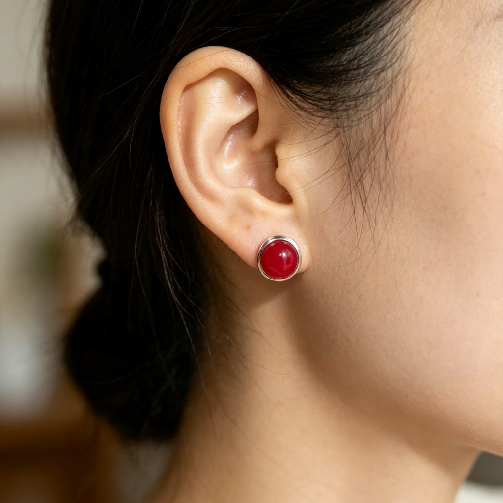 Natural Red Agate Round Stud Earrings, Glossy Red Gemstone Simple Minimalist Daily Jewelry