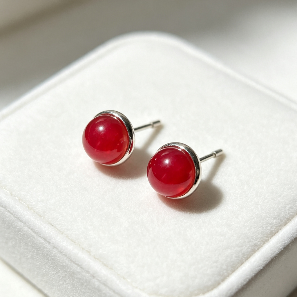 Natural Red Agate Round Stud Earrings, Glossy Red Gemstone Simple Minimalist Daily Jewelry