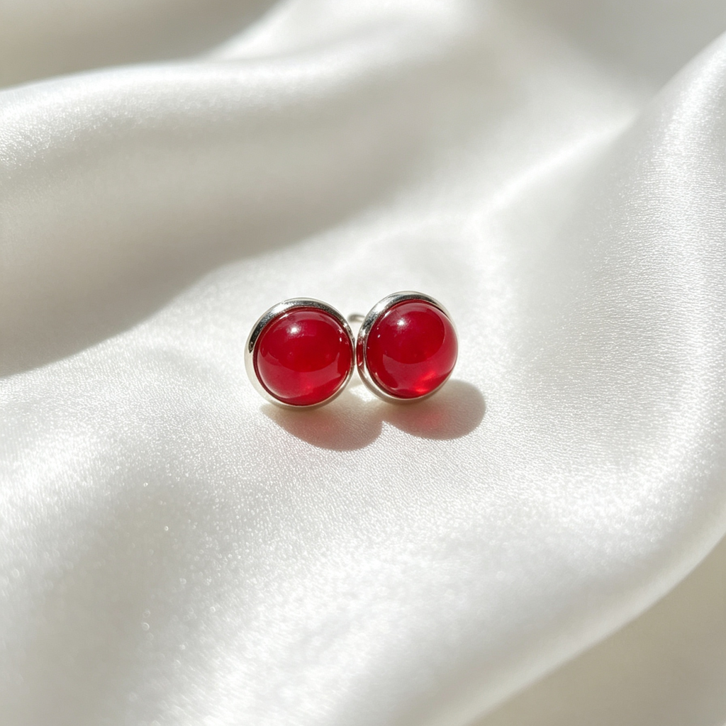 Natural Red Agate Round Stud Earrings, Glossy Red Gemstone Simple Minimalist Daily Jewelry