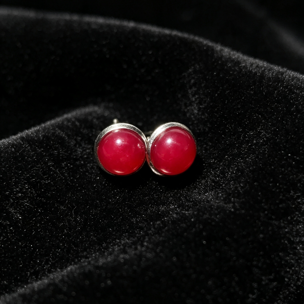 Natural Red Agate Round Stud Earrings, Glossy Red Gemstone Simple Minimalist Daily Jewelry