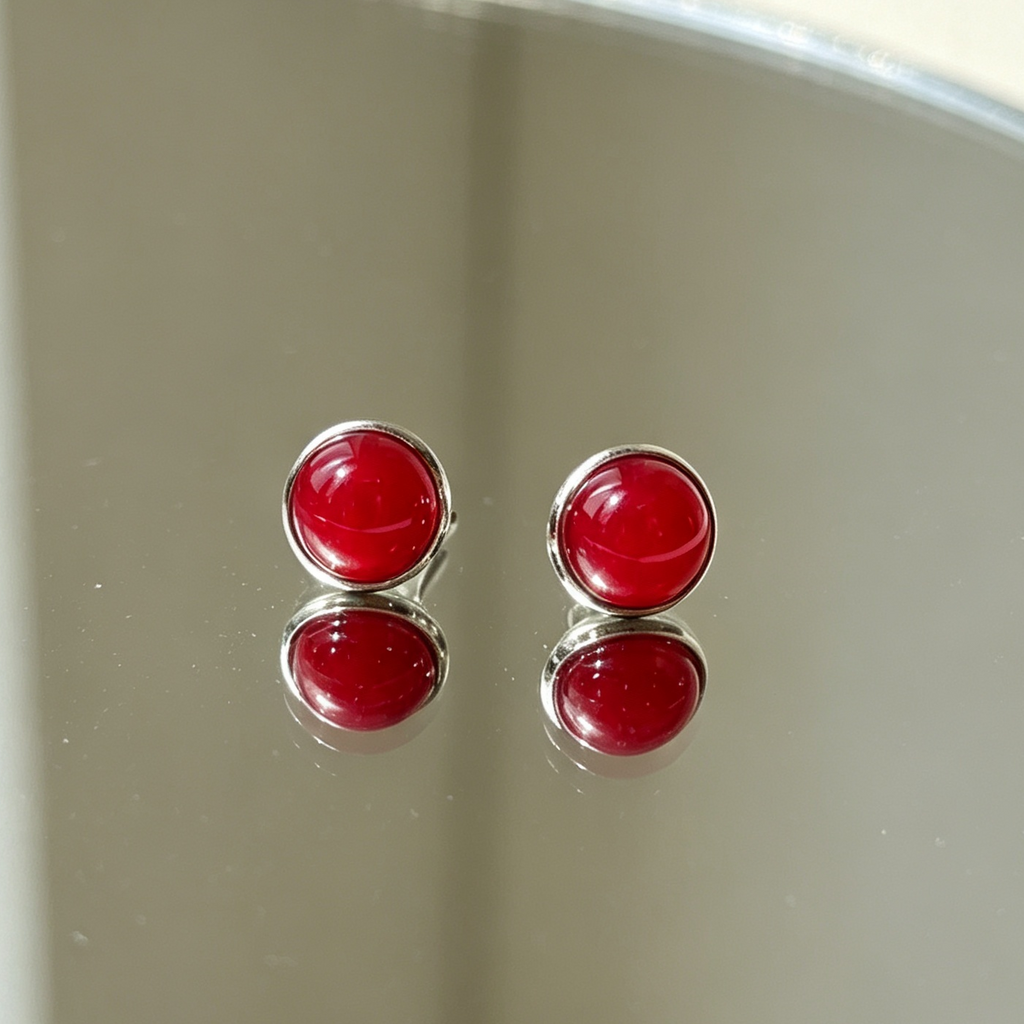 Natural Red Agate Round Stud Earrings, Glossy Red Gemstone Simple Minimalist Daily Jewelry