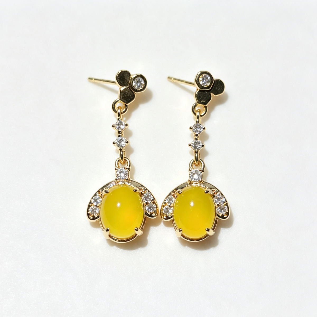 Natural Yellow Agate Dangle Earrings, Gold‑Toned Drop Earrings with Clear Accent Stones, Vintage Elegant Evening Jewelry