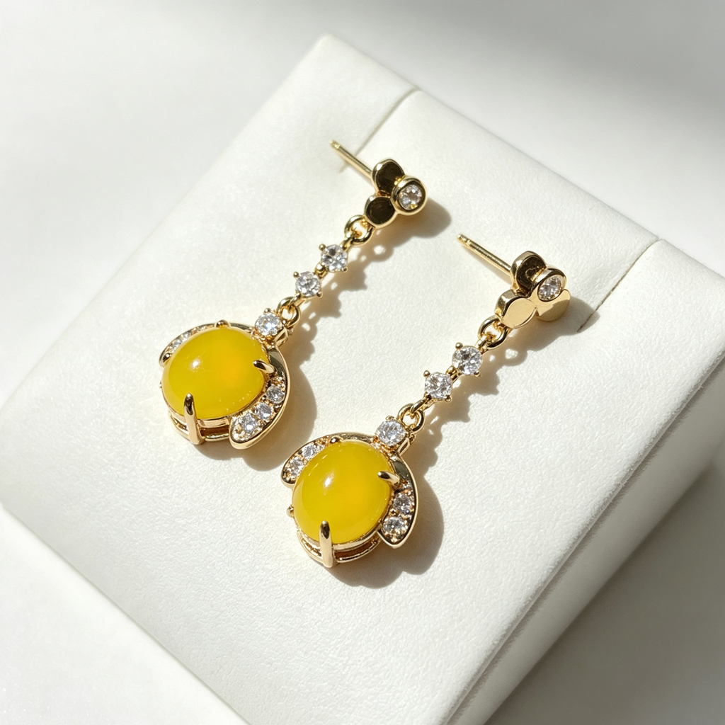 Natural Yellow Agate Dangle Earrings, Gold‑Toned Drop Earrings with Clear Accent Stones, Vintage Elegant Evening Jewelry