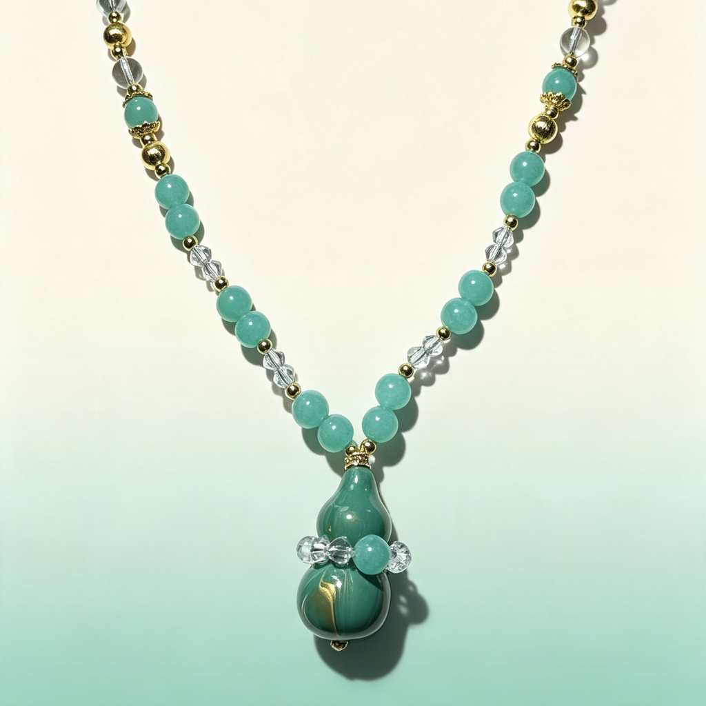 Hand‑Lacquered Gourd Pendant Necklace, Natural Amazonite & Glass Beaded Statement Necklace