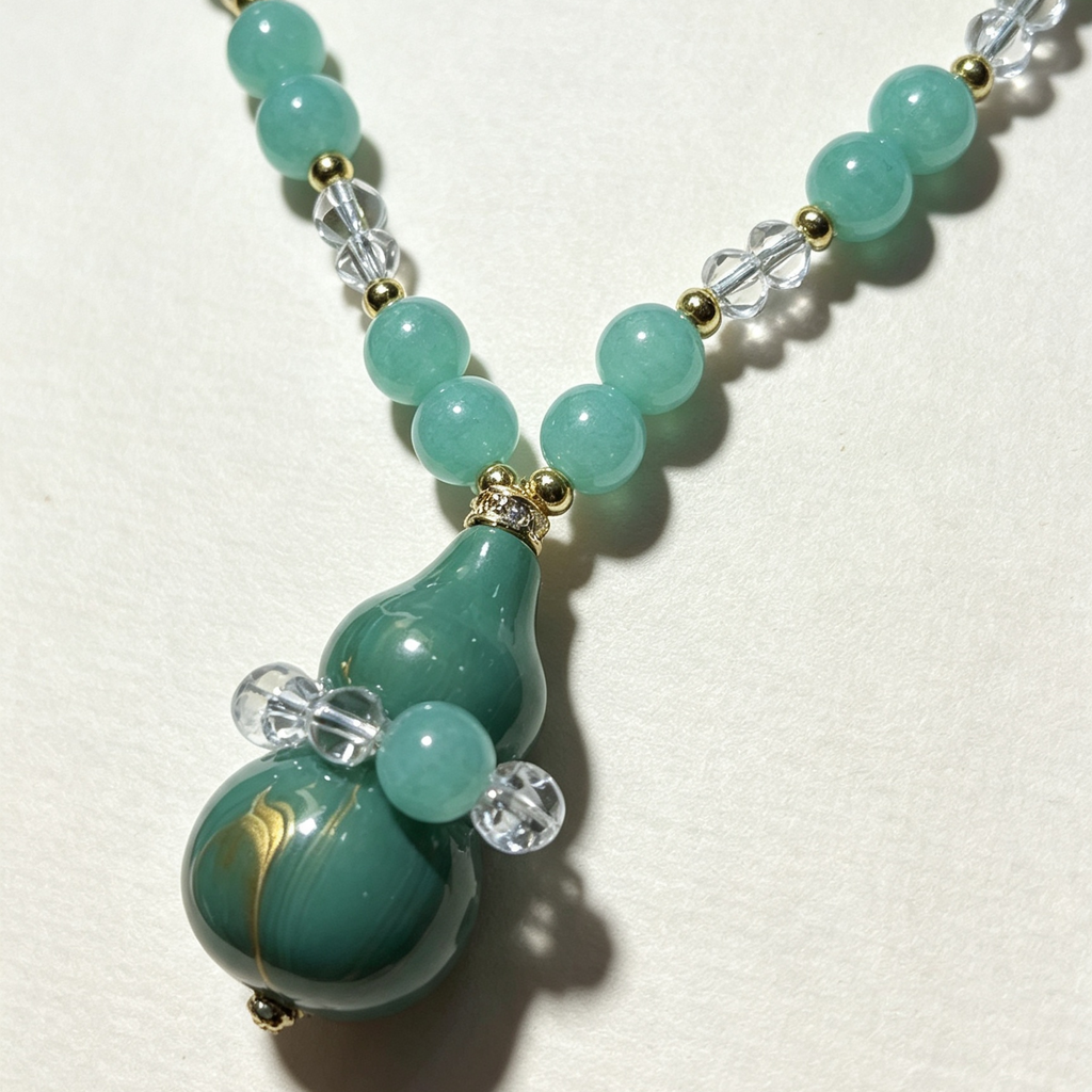 Hand‑Lacquered Gourd Pendant Necklace, Natural Amazonite & Glass Beaded Statement Necklace