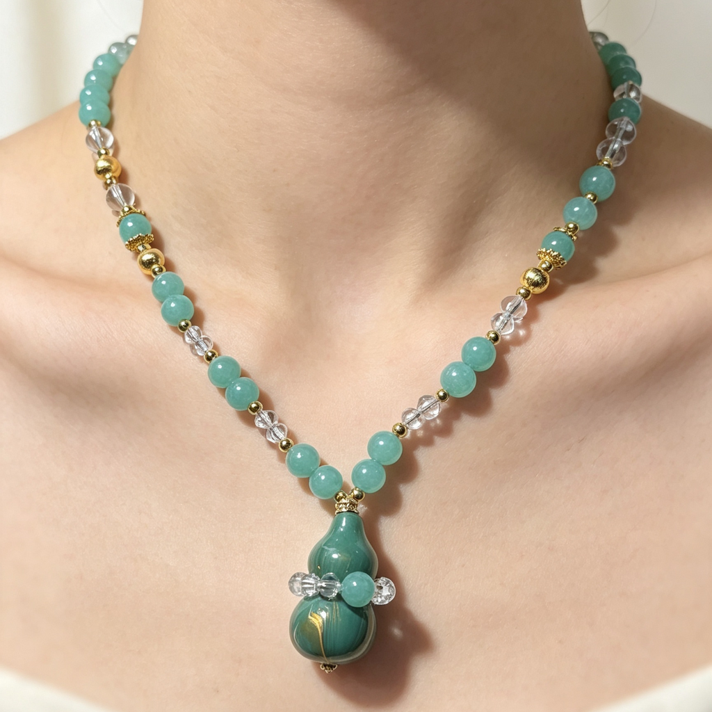 Hand‑Lacquered Gourd Pendant Necklace, Natural Amazonite & Glass Beaded Statement Necklace