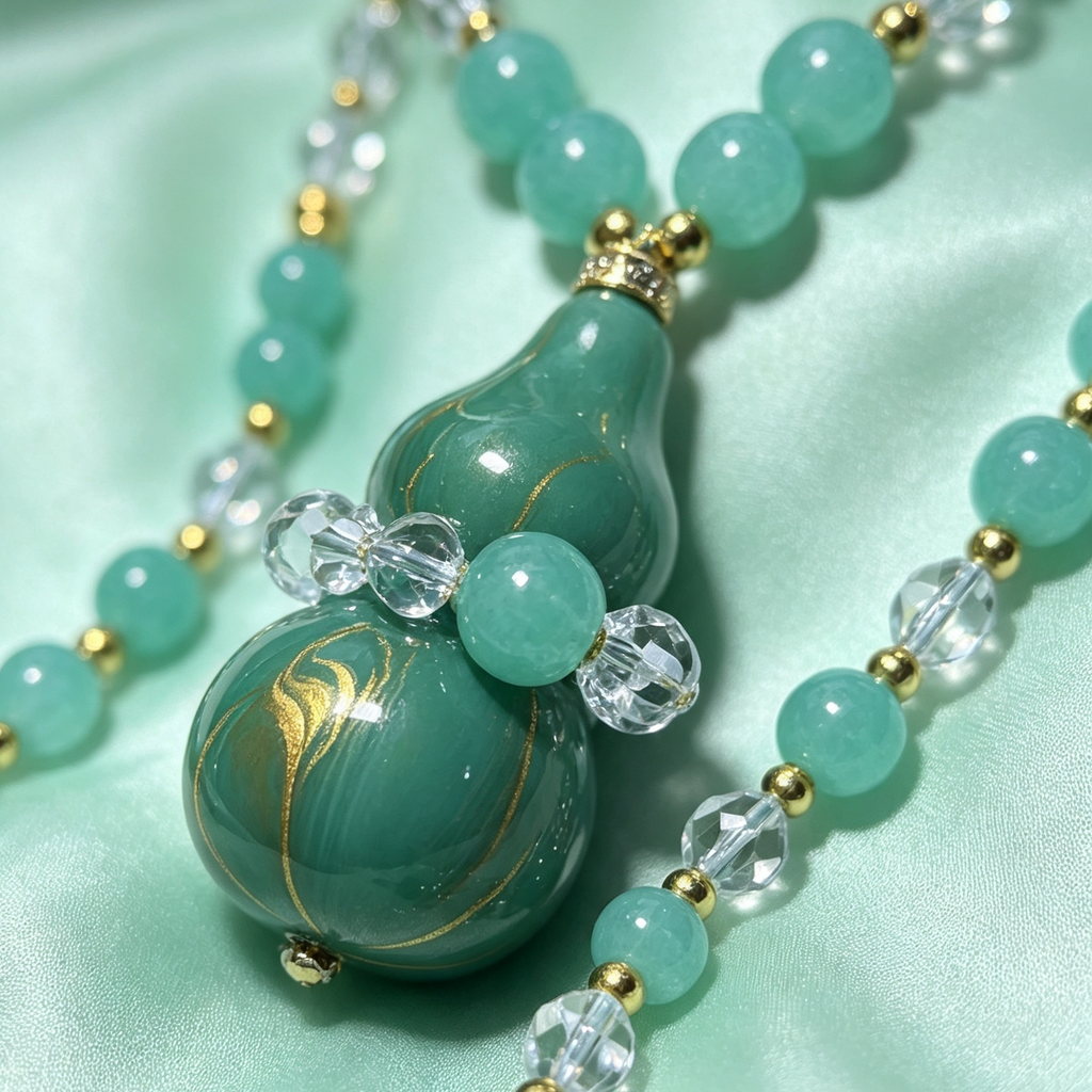 Hand‑Lacquered Gourd Pendant Necklace, Natural Amazonite & Glass Beaded Statement Necklace
