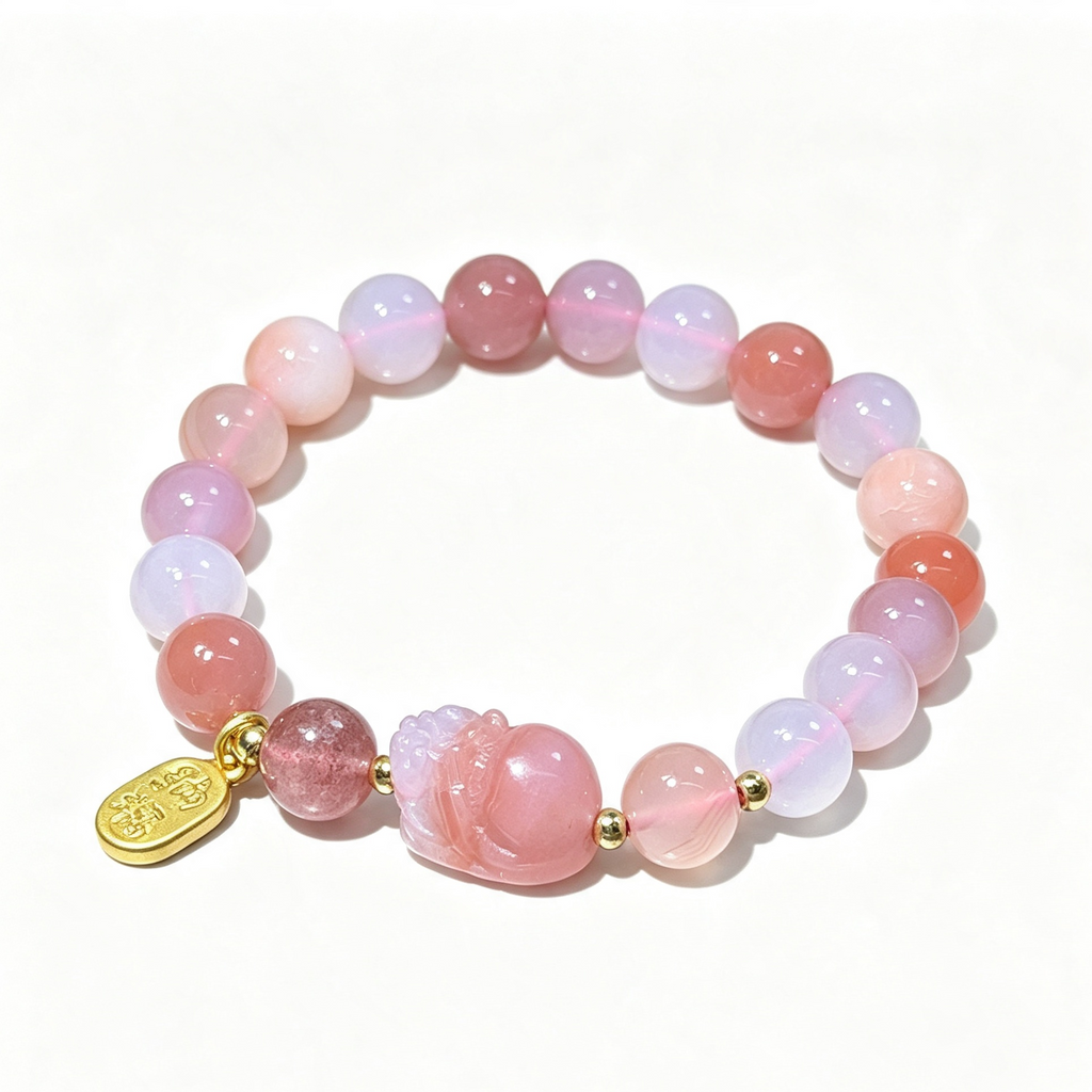 Yanyuan Agate Stretch Bracelet, Carved Pink Pixiu Charm Multicolor Round Bead Bracelet
