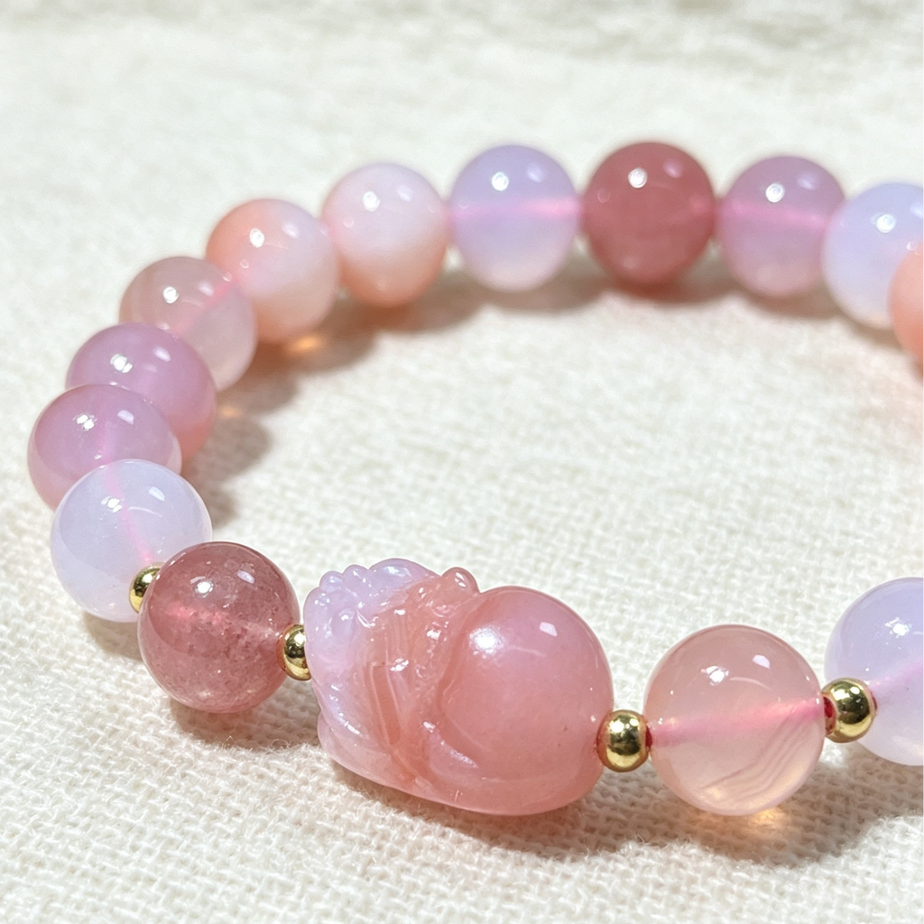Yanyuan Agate Stretch Bracelet, Carved Pink Pixiu Charm Multicolor Round Bead Bracelet