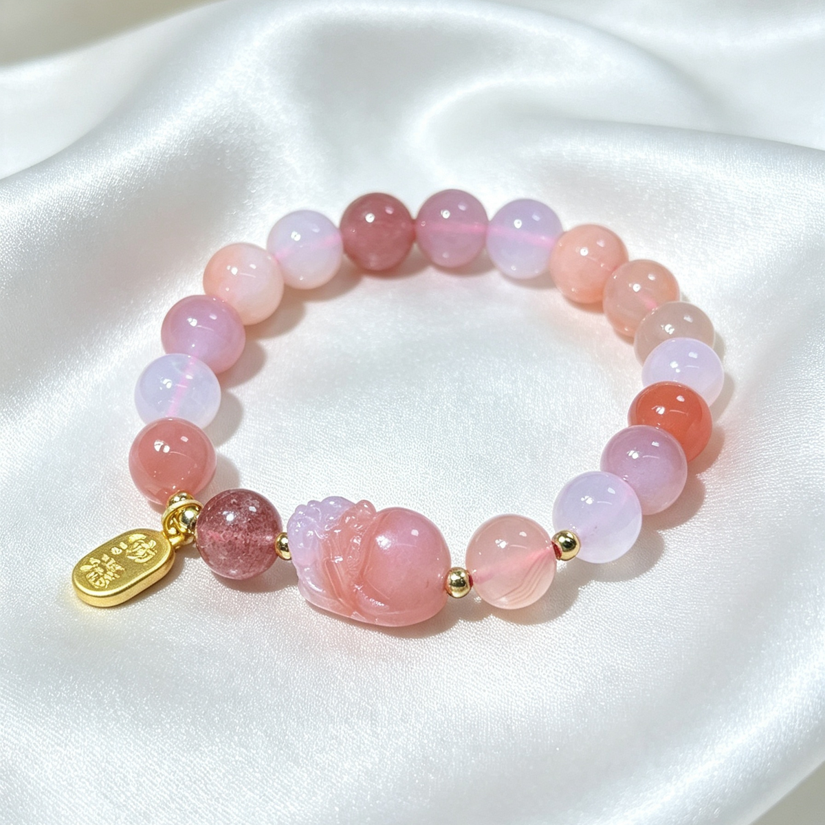 Yanyuan Agate Stretch Bracelet, Carved Pink Pixiu Charm Multicolor Round Bead Bracelet