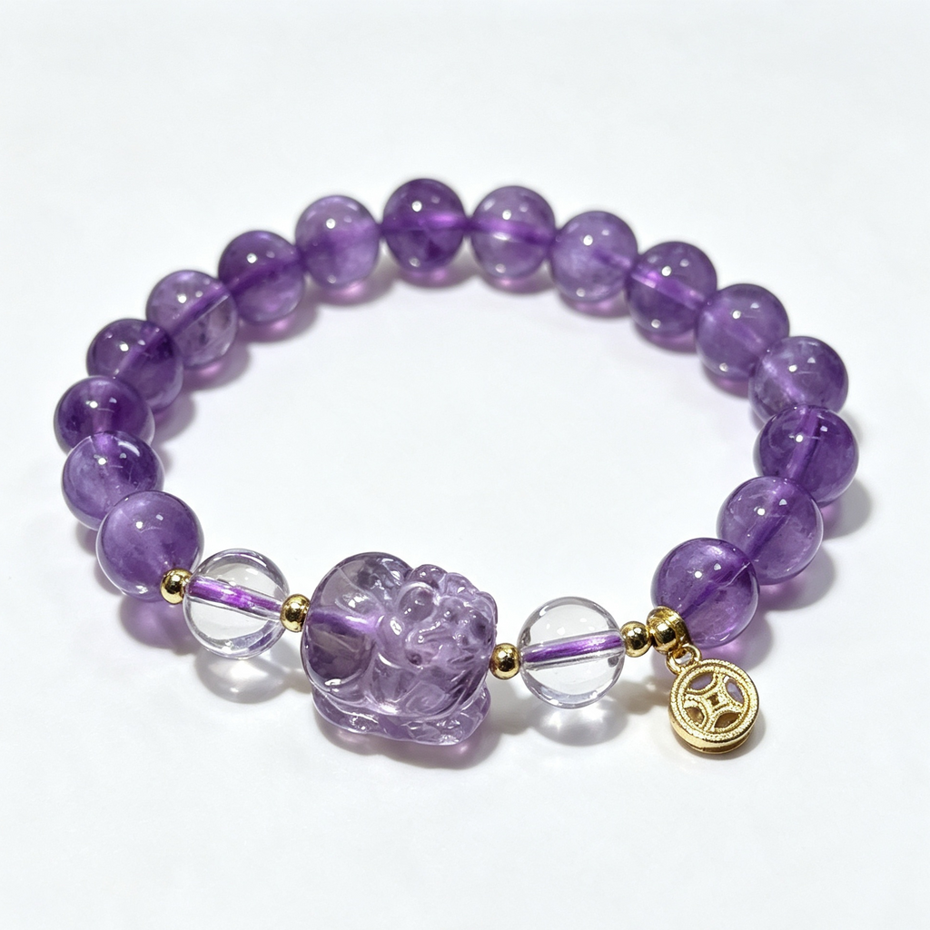 Natural Amethyst Stretch Bracelet, Carved Pixiu Charm Purple Round Bead Bracelet