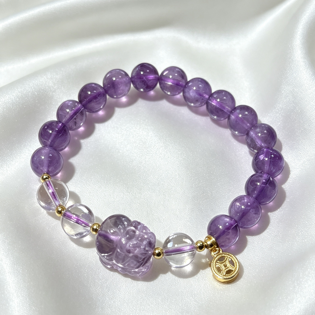 Natural Amethyst Stretch Bracelet, Carved Pixiu Charm Purple Round Bead Bracelet