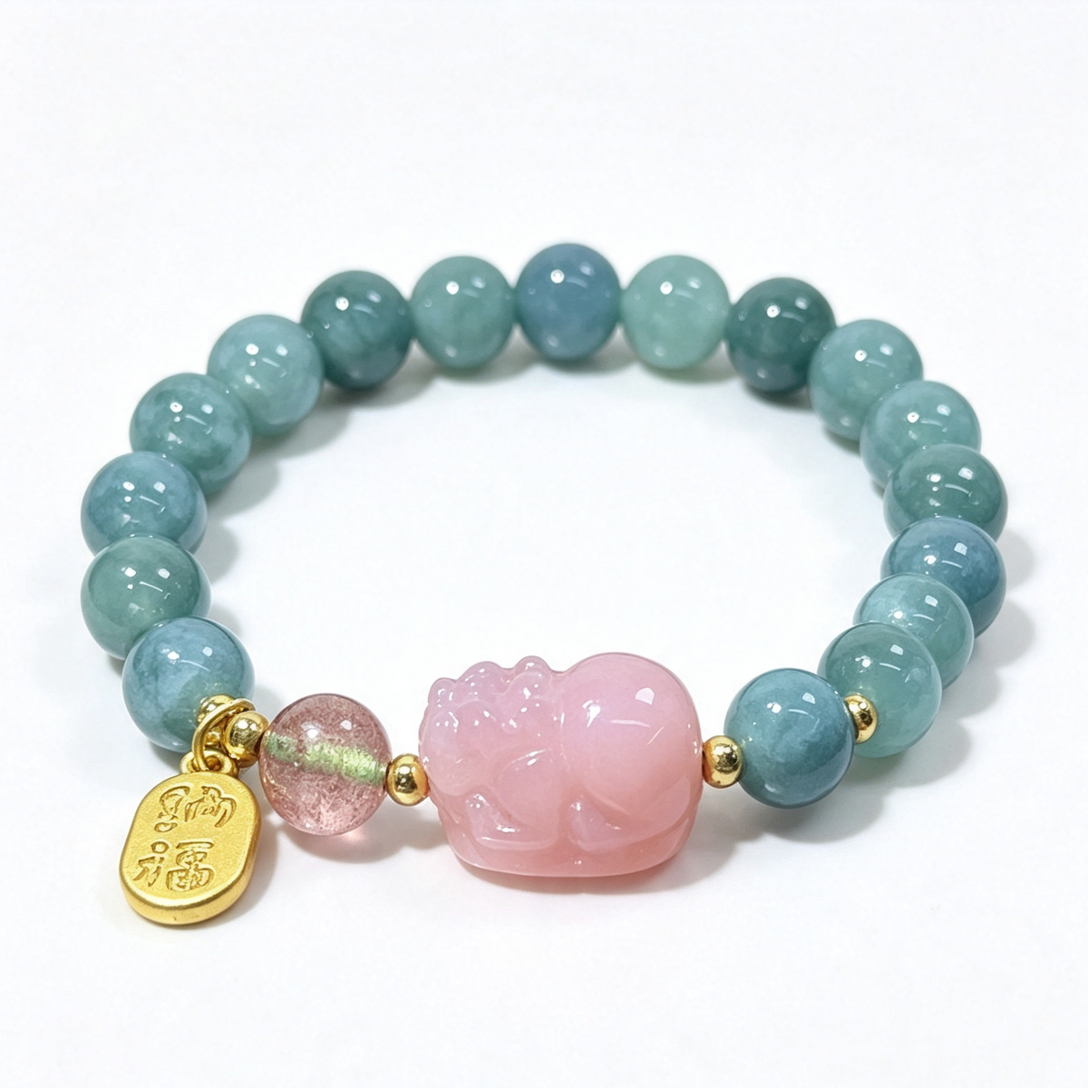 Natural Blue‑Green Jadeite Stretch Bracelet, Carved Pink Pixiu Charm Round Bead Bracelet