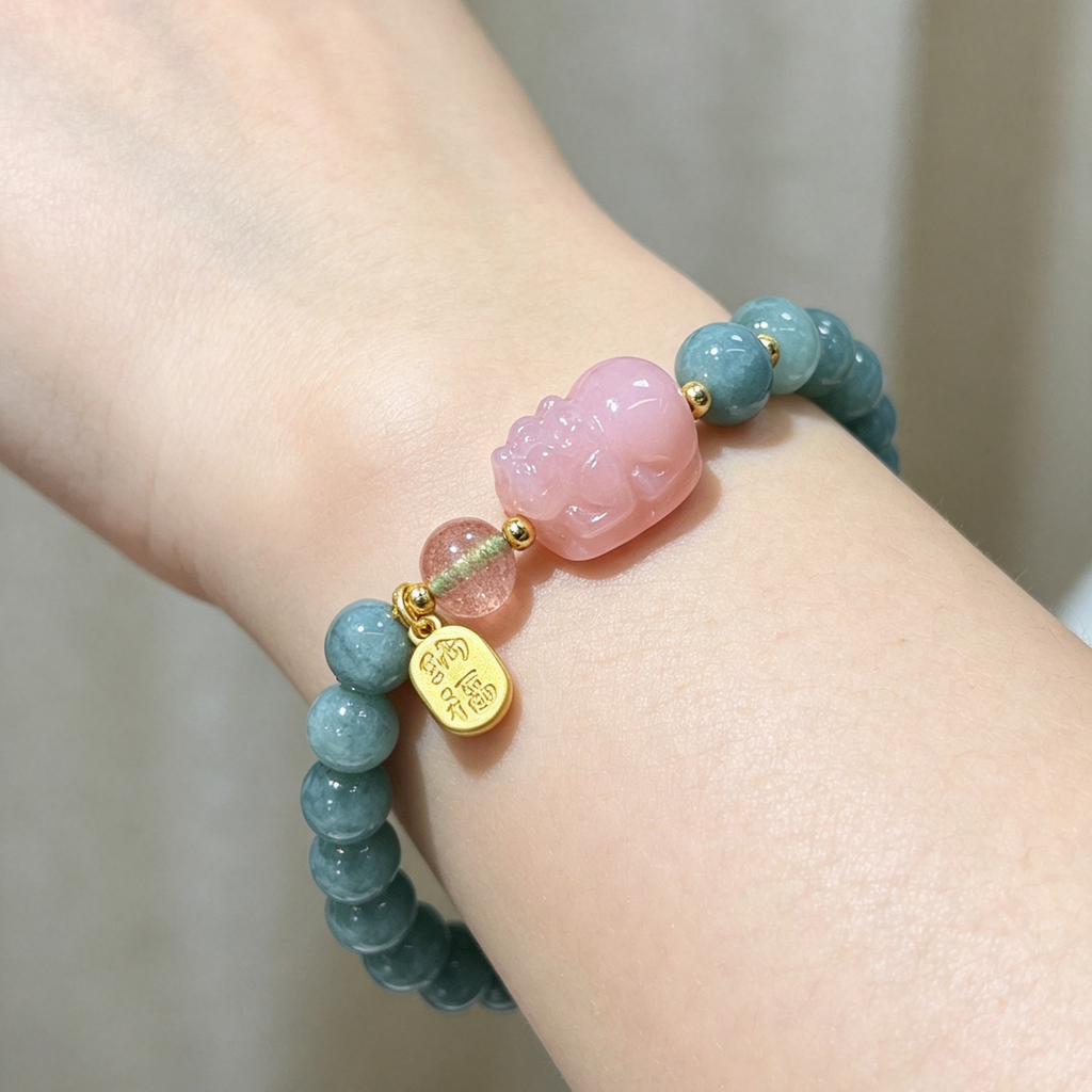 Natural Blue‑Green Jadeite Stretch Bracelet, Carved Pink Pixiu Charm Round Bead Bracelet