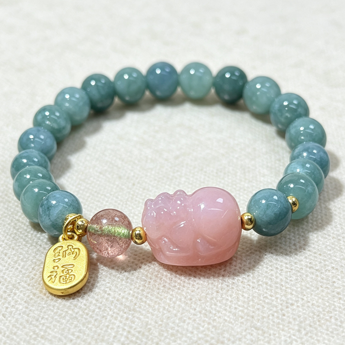 Natural Blue‑Green Jadeite Stretch Bracelet, Carved Pink Pixiu Charm Round Bead Bracelet