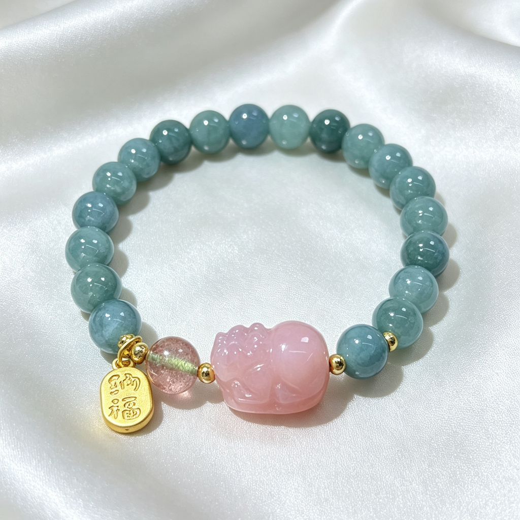 Natural Blue‑Green Jadeite Stretch Bracelet, Carved Pink Pixiu Charm Round Bead Bracelet