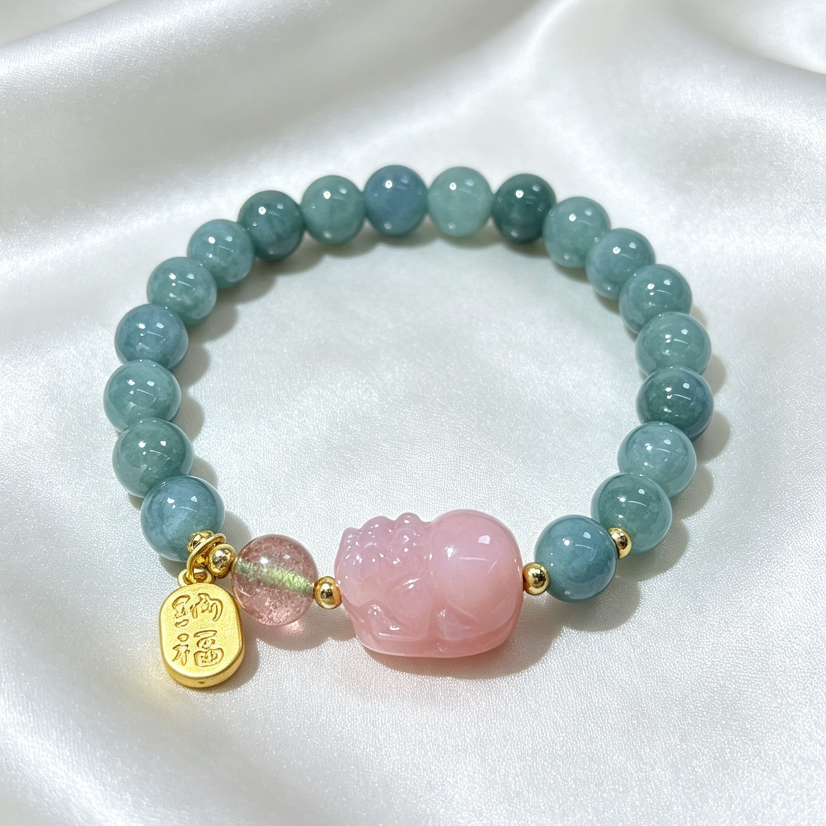 Natural Blue‑Green Jadeite Stretch Bracelet, Carved Pink Pixiu Charm Round Bead Bracelet