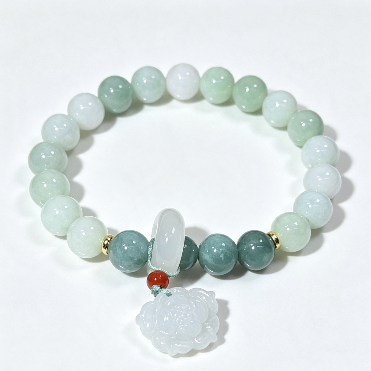 Natural Jadeite Stretch Bracelet, Carved Lotus Flower Charm Gradient Green Bead Bracelet