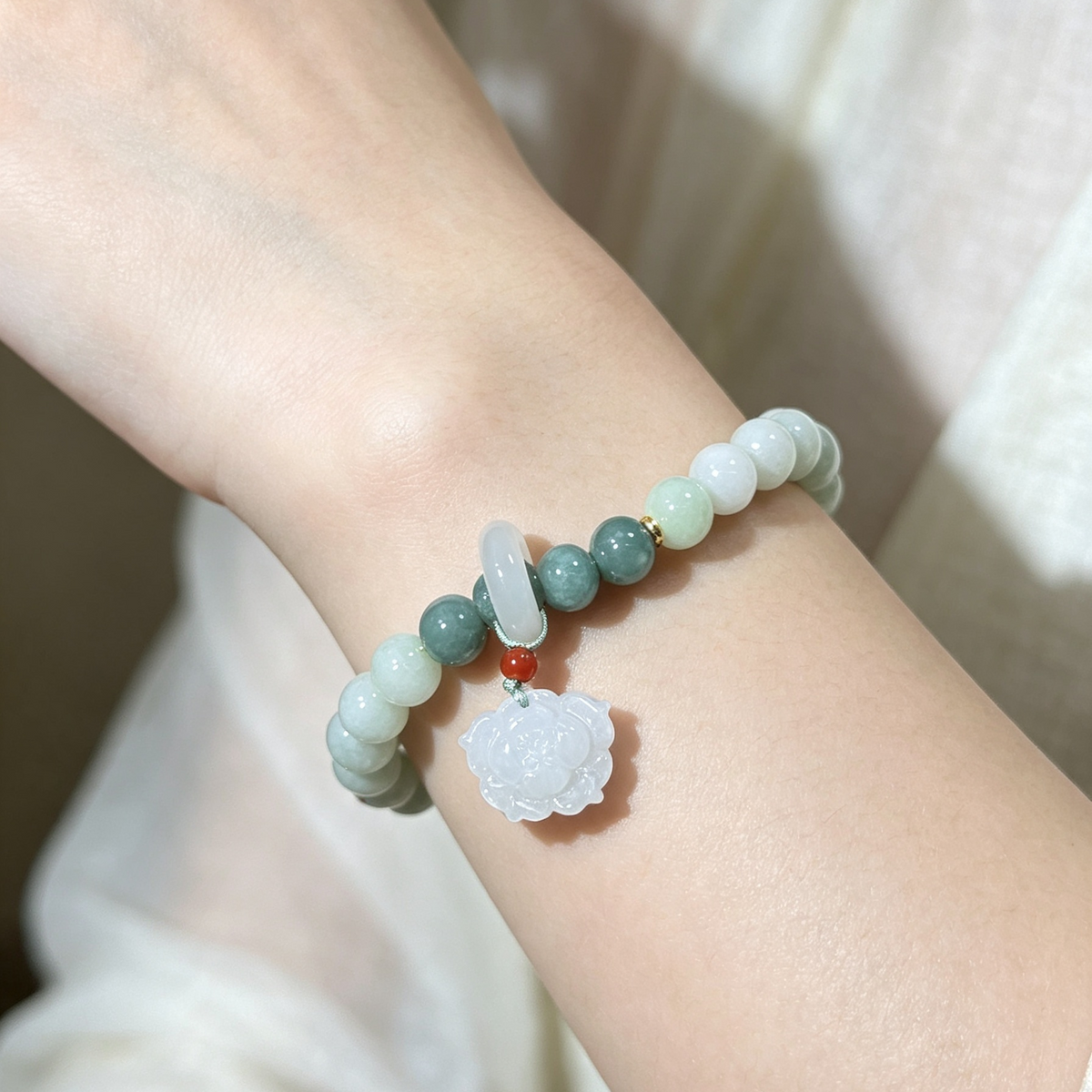 Natural Jadeite Stretch Bracelet, Carved Lotus Flower Charm Gradient Green Bead Bracelet