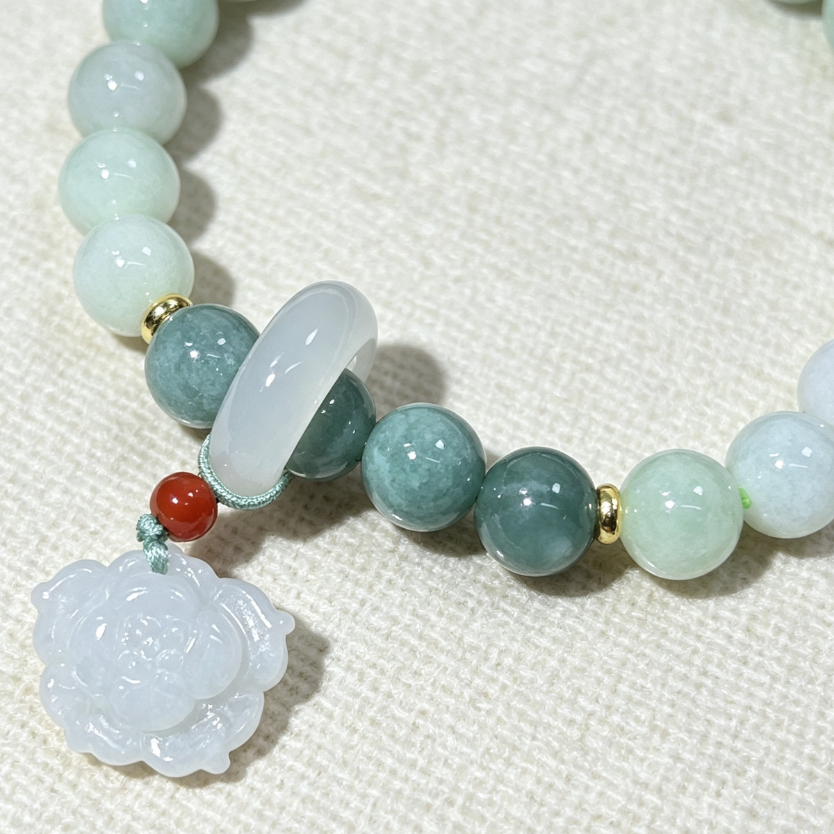 Natural Jadeite Stretch Bracelet, Carved Lotus Flower Charm Gradient Green Bead Bracelet