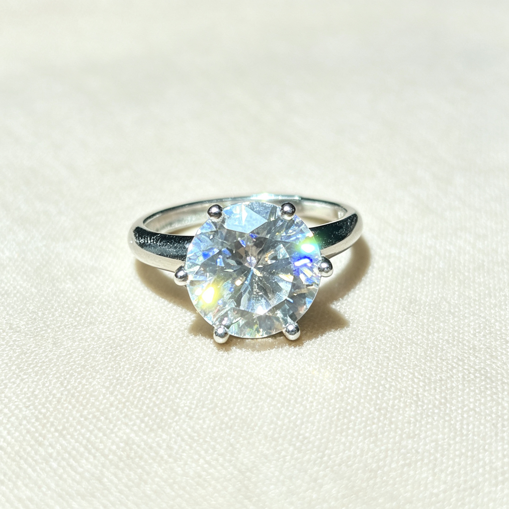 Round Brilliant Solitaire Engagement S925 Ring, Classic 6‑Prong Large Simulated Diamond Promise Ring
